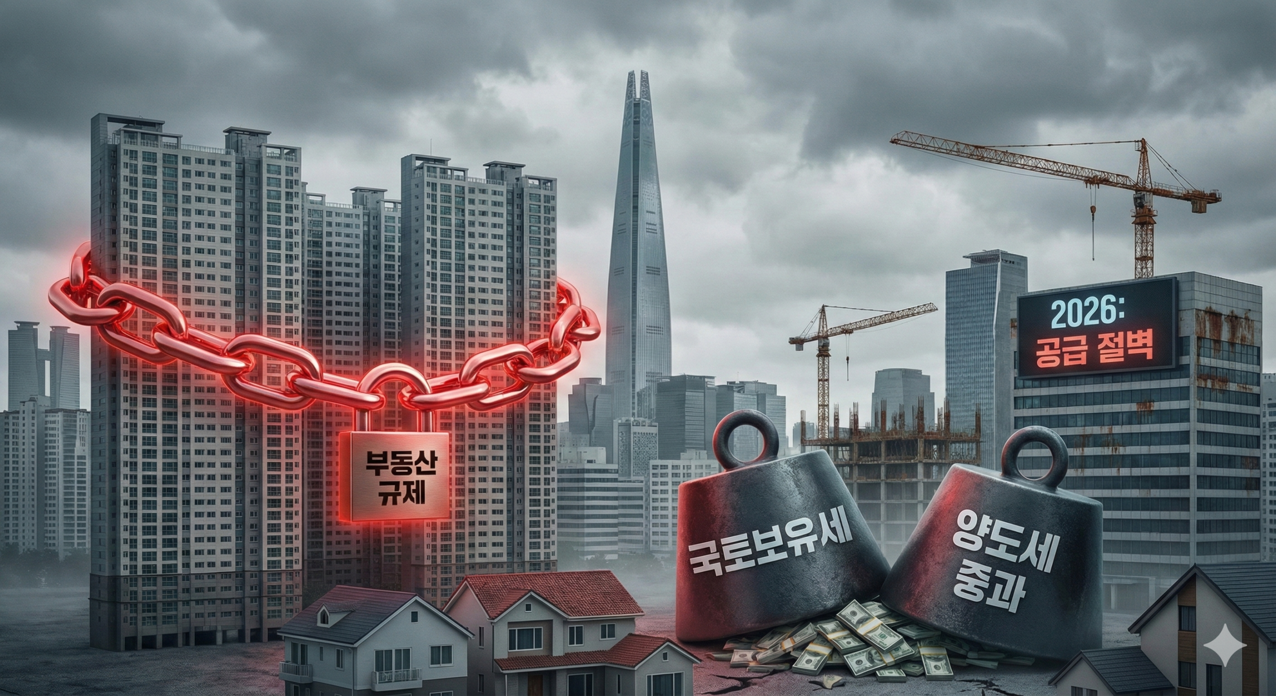 2026년 이재명 정부 부동산 정책 관련 국토보유세, 양도세 중과 및 공급 절벽을 상징하는 부동산 규제 이미지