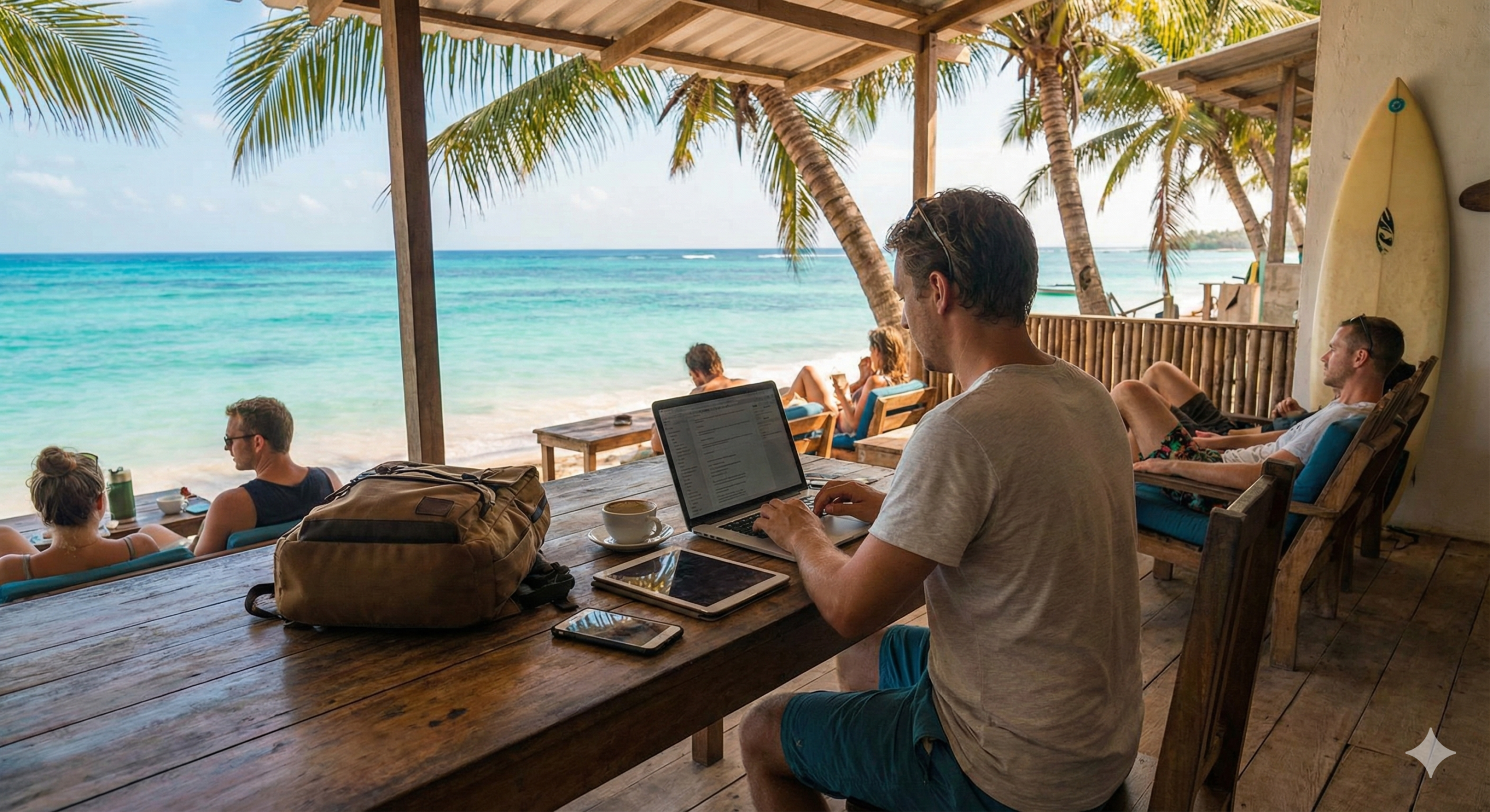 해변 카페에서 노트북으로 일하는 디지털 노마드, 2026년 해외 이민 및 한 달 살기